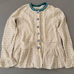 Matilda Jane Cream Sweater with Teal/Blue Buttons and Gold Threading